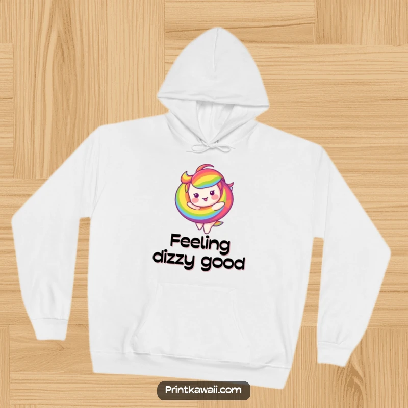 Funny hooded sweatshirt featuring a delightful rainbow swirl character twirling merrily, offering warmth and humor.