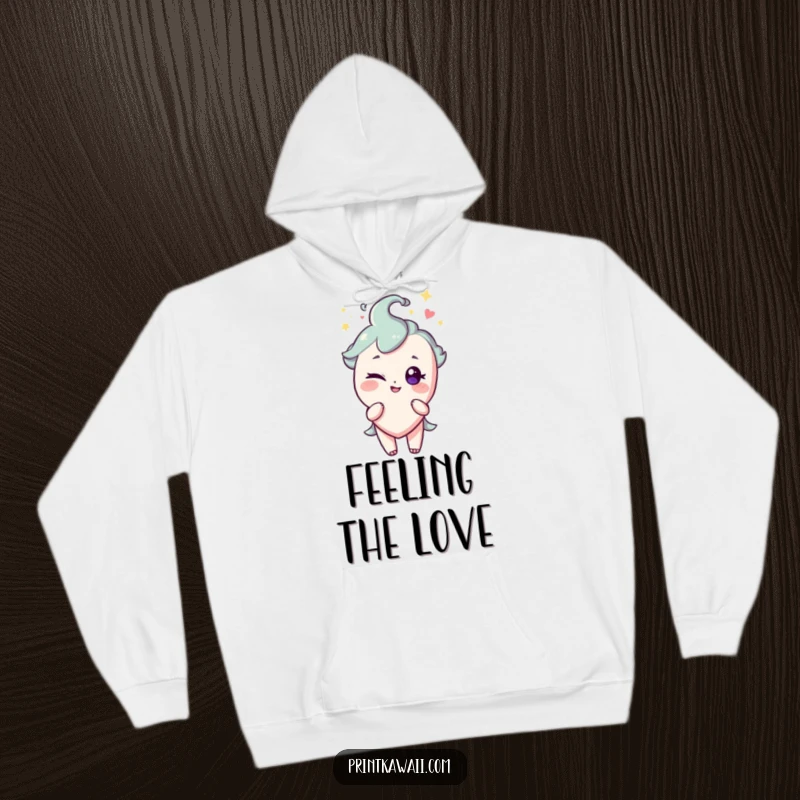 Funny hoodie showcasing a sparkling heart character giving a charming wink, designed for cozy, playful comfort.