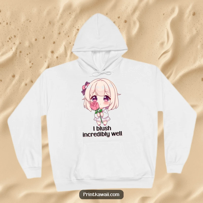 Funny hoodie displaying a character blushing deeply, holding a single perfect rose, capturing a moment of shy adoration and sweet romance.