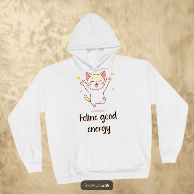Funny hoodie featuring a cute cat character caught mid-jump in a moment of pure celebration and happiness.