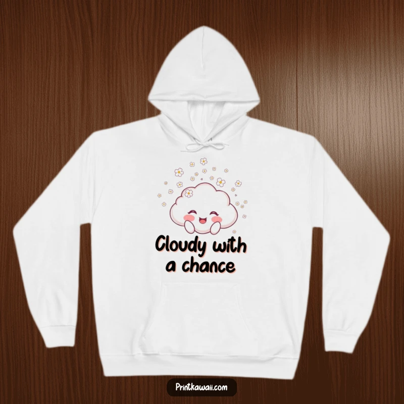 Funny hoodie featuring a joyful cloud character showering tiny blossoms, symbolizing happiness, gentleness, and a whimsical spirit.