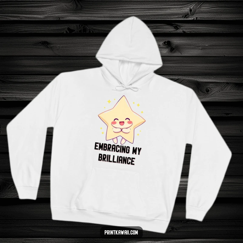 Funny hoodie showing a character with a broad smile embracing a massive, twinkling star, conveying immense happiness and cosmic connection.