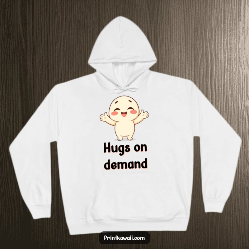 Funny hoodie showcasing a smiling character with open arms, offering a comforting and warm embrace.