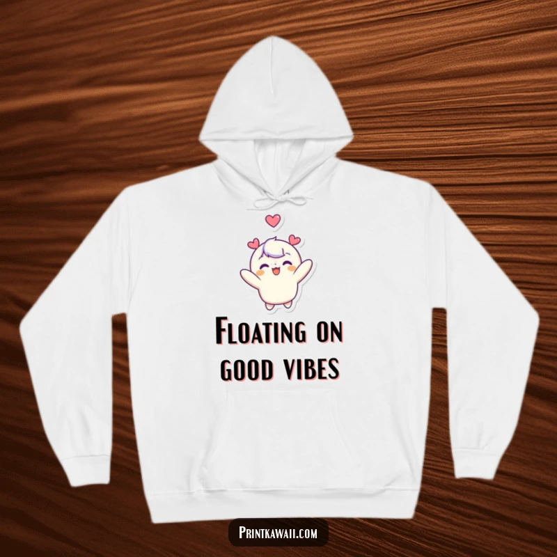 Funny hoodie featuring a cute character joyfully floating upwards, a charming heart floating above its head, conveying a sense of peace and delight.
