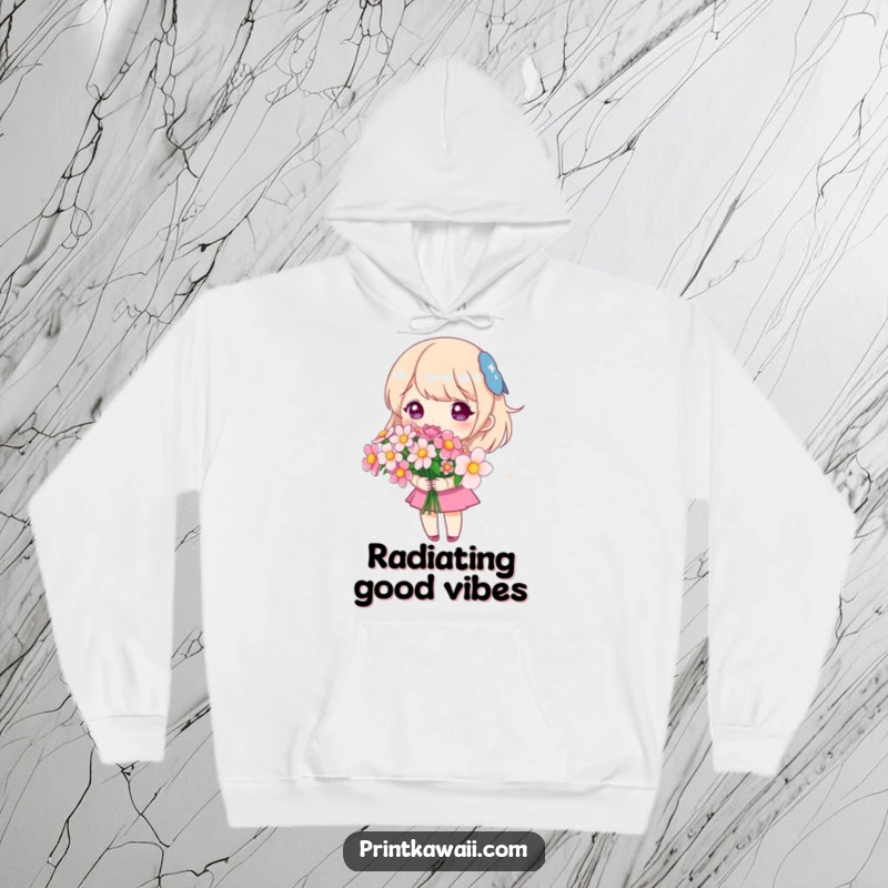 Funny hoodie showcasing a cute character holding a bouquet of sparkling flowers, offering comfort and a beautiful, cheerful vibe.
