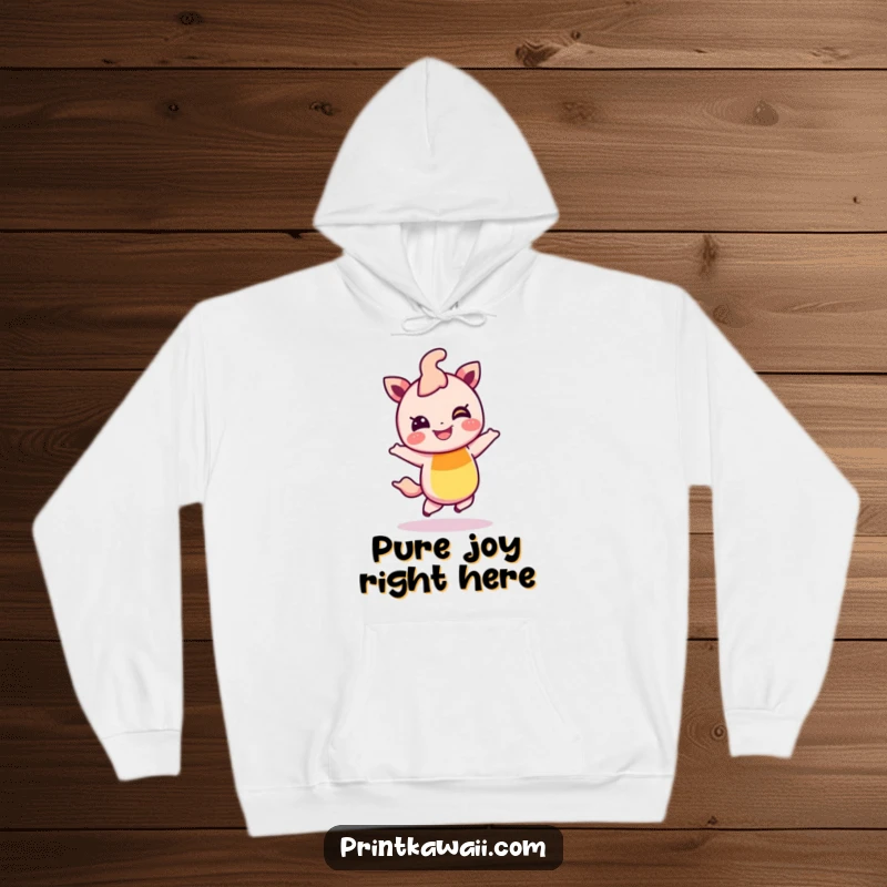 Funny hoodie featuring a giggling rainbow character in a cheerful hop, designed for cozy comfort and radiating pure, infectious joy.