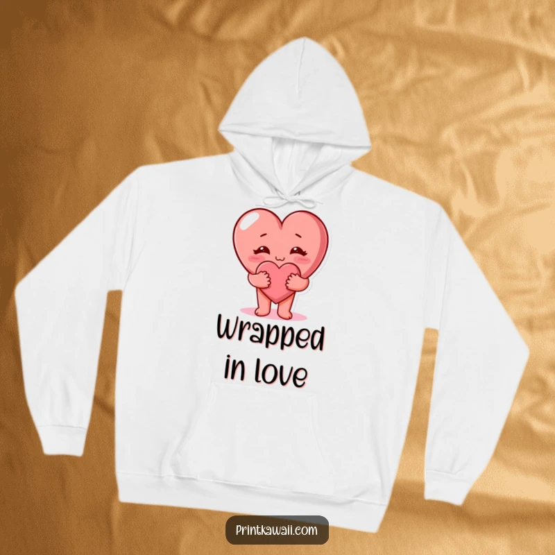 Funny cute heart character giving a hug on a soft, warm hoodie. Cozy funny apparel.