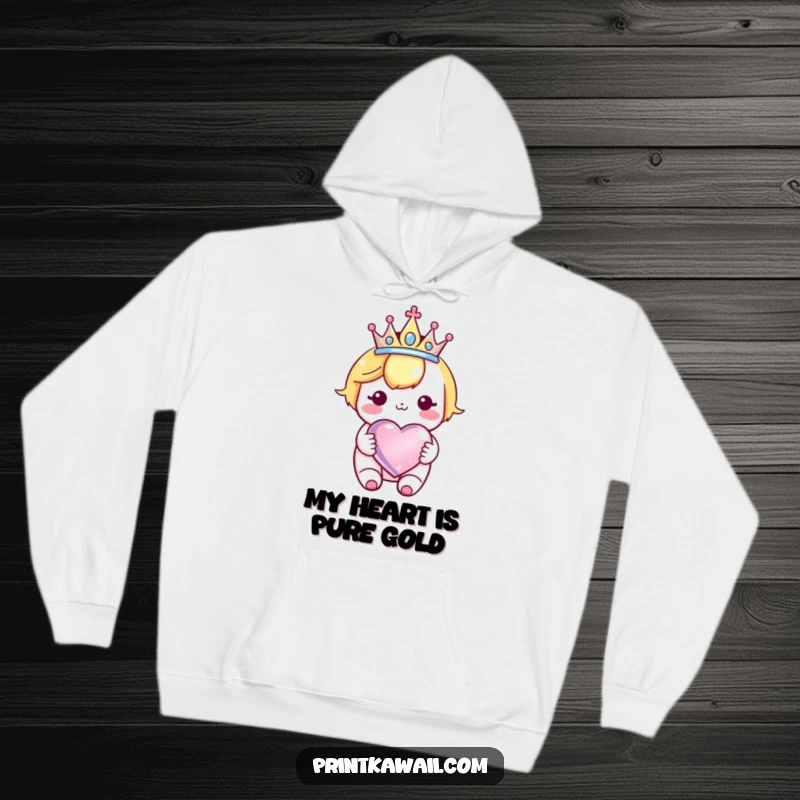 Funny Kawaii Crown Heart Hoodie: Adorable character in a crown, holding a shiny heart, offering warmth and humor.