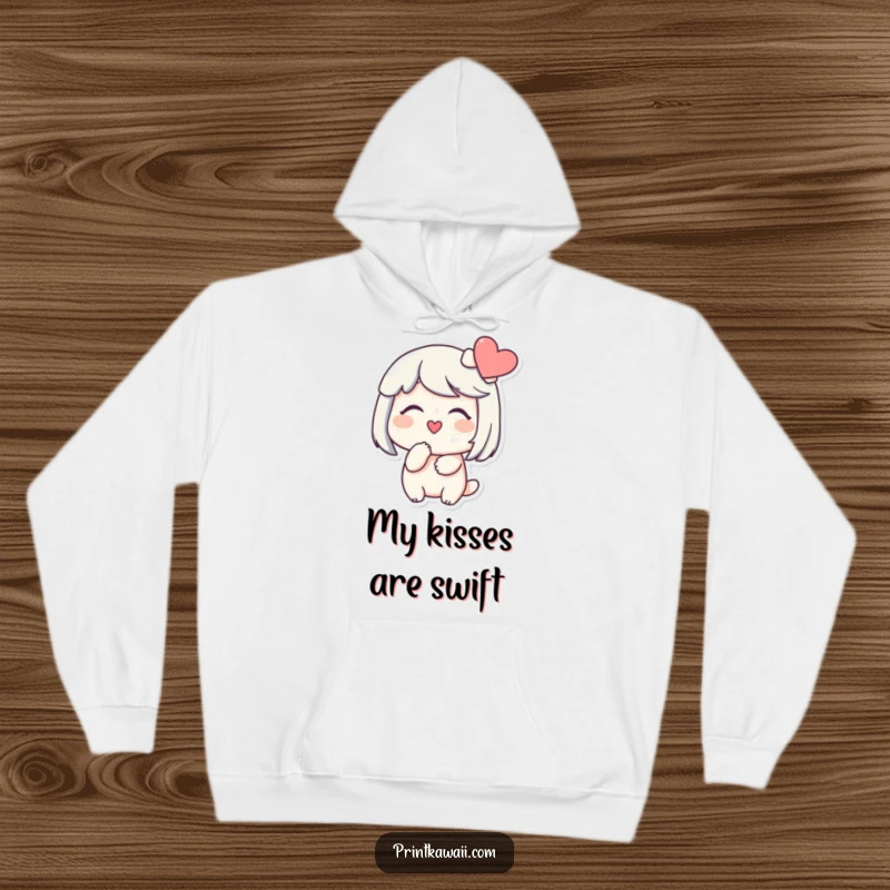 Funny hoodie featuring a character smiling gently, blowing a kiss towards a heart, perfect for cozying up with love.