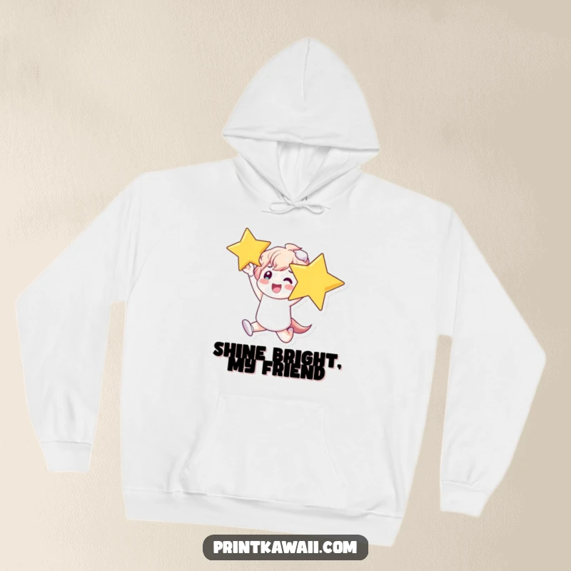 Funny Hoodie showcasing a character mid-leap, gleefully holding a massive, luminous star, embodying pure unadulterated happiness.