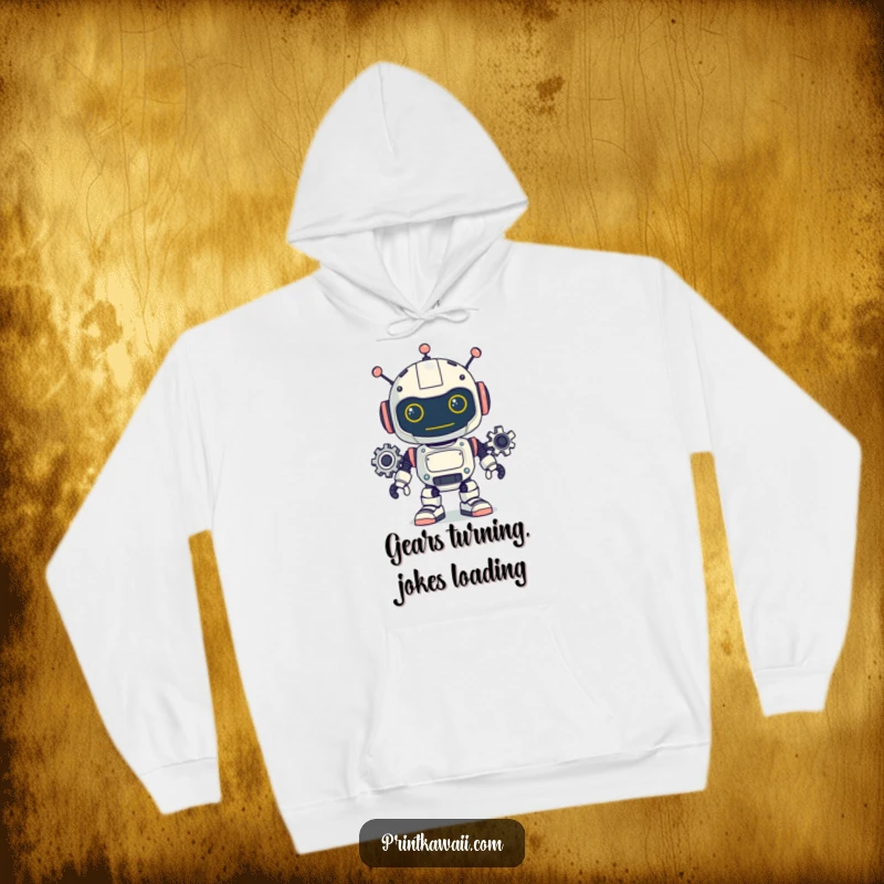 Funny hoodie depicting a playful robot character with its internal gears visibly turning, radiating warmth and technological charm.