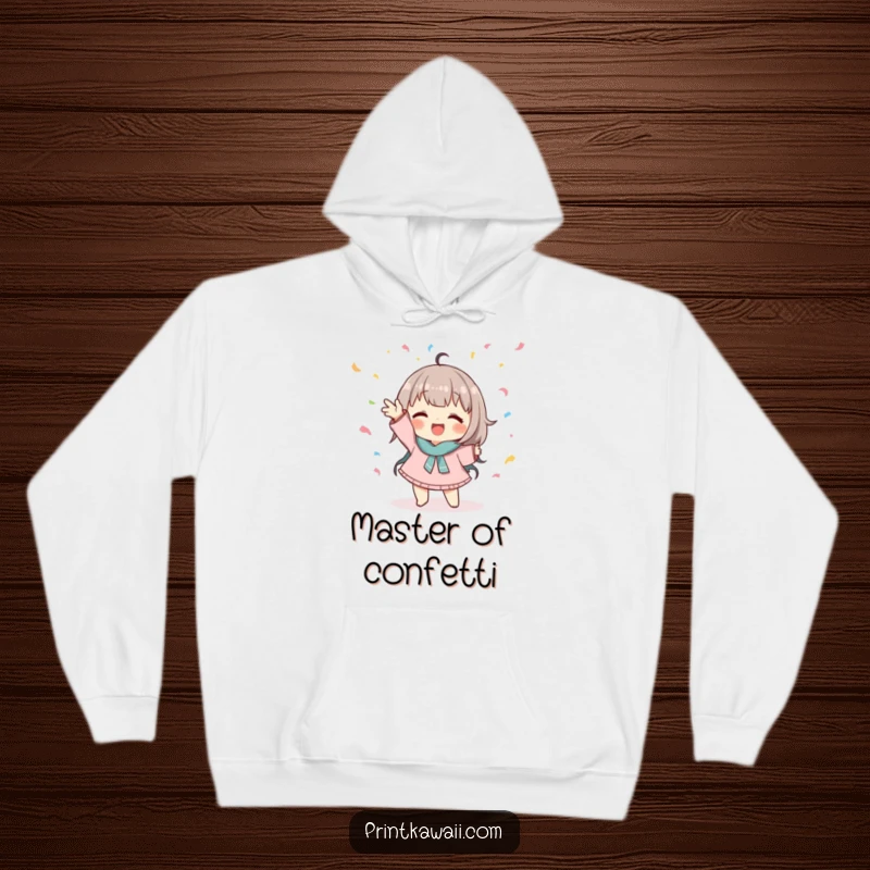 Funny hoodie featuring a cute character in a playful pose catching falling confetti, ideal for cozy fun.