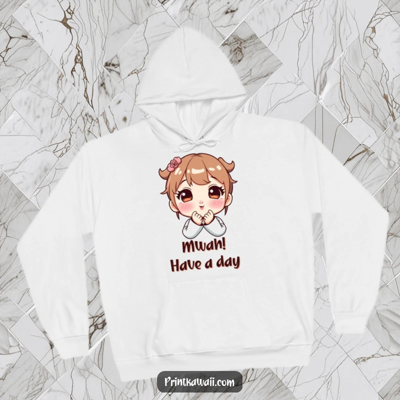 Funny hoodie showcasing a cute character blowing a kiss with rosy cheeks, offering comfort and a sweet, playful vibe.