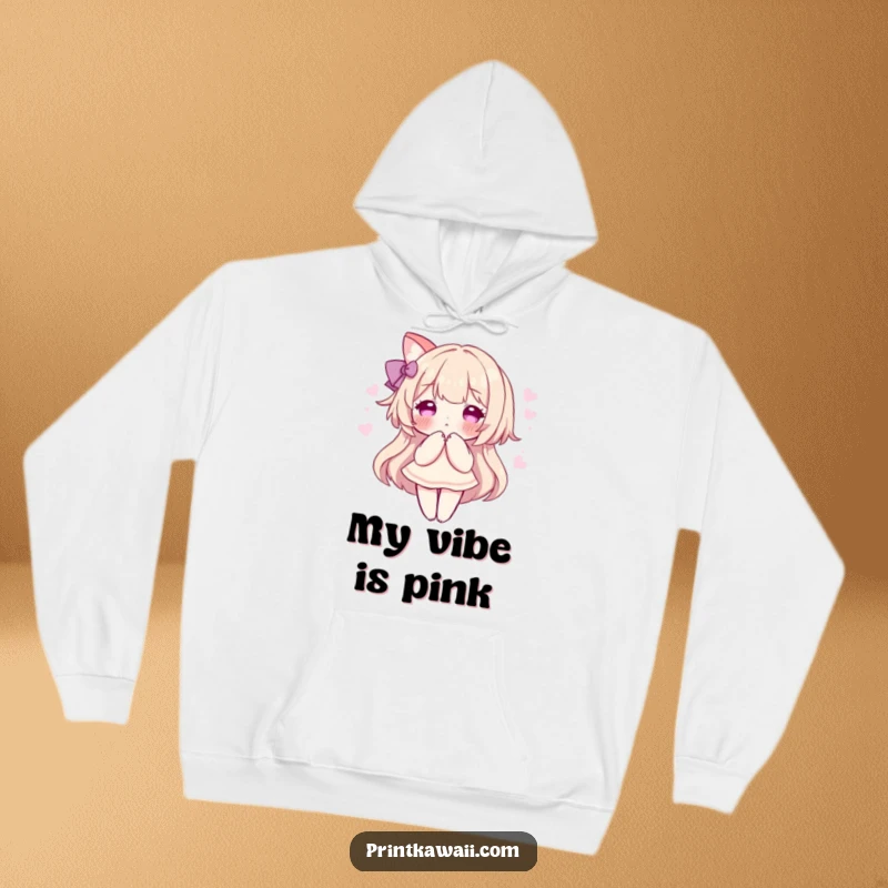 Funny hoodie featuring a character in a sweet pose, surrounded by a soft, pink aura, perfect for cozy comfort and gentle vibes.