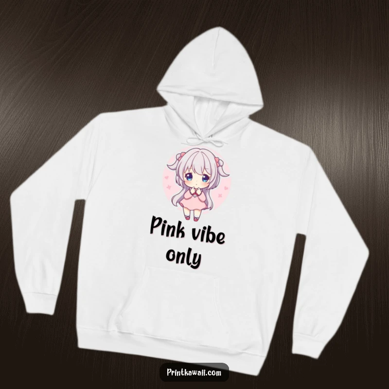 Funny Hoodie: A character in a peaceful pose, radiating a beautiful soft pink aura.