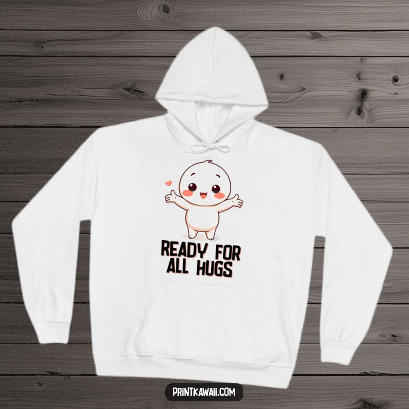 Funny Kawaii Love Hoodie: Adorable character in a loving pose with arms outstretched, offering cozy warmth.