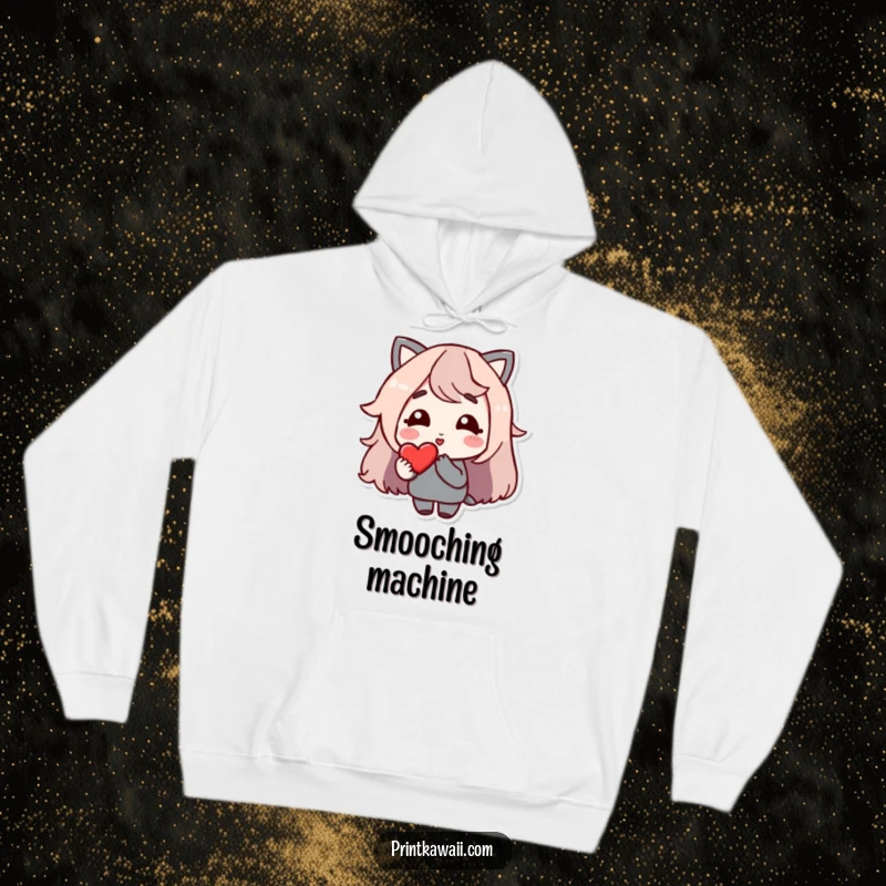 Funny Hoodie: A character with a soft smile sending a kiss flying towards a loving heart.