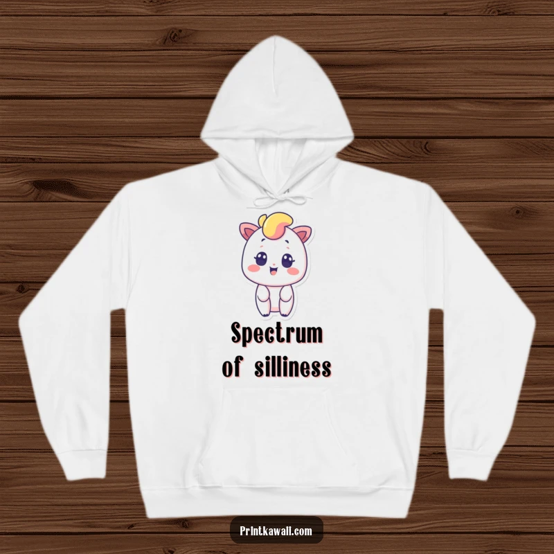 Funny, cozy hoodie featuring a vibrant rainbow character with a surprised smile, offering warmth and a splash of colorful cheer.