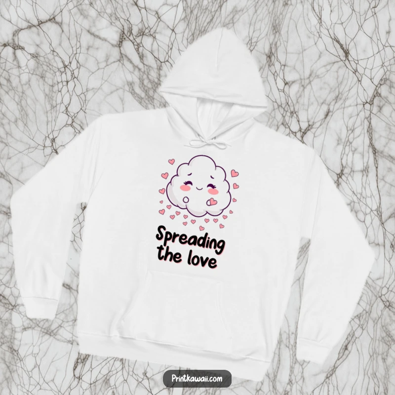 Funny hoodie with a whimsical cloud character playfully raining tiny hearts, perfect for cozy days and spreading cheer.