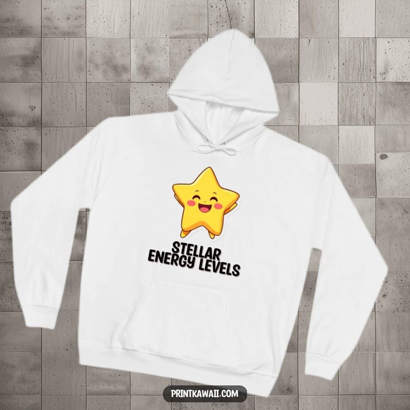 Funny hoodie showcasing a vibrant star character caught in a moment of ecstatic jumping, perfect for cozy, happy wear.