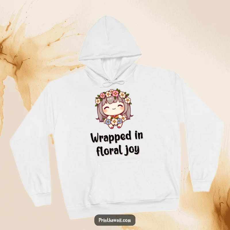 Funny hoodie featuring a cute kawaii character wearing a flower garland and smiling sweetly, offering comfort and floral charm.