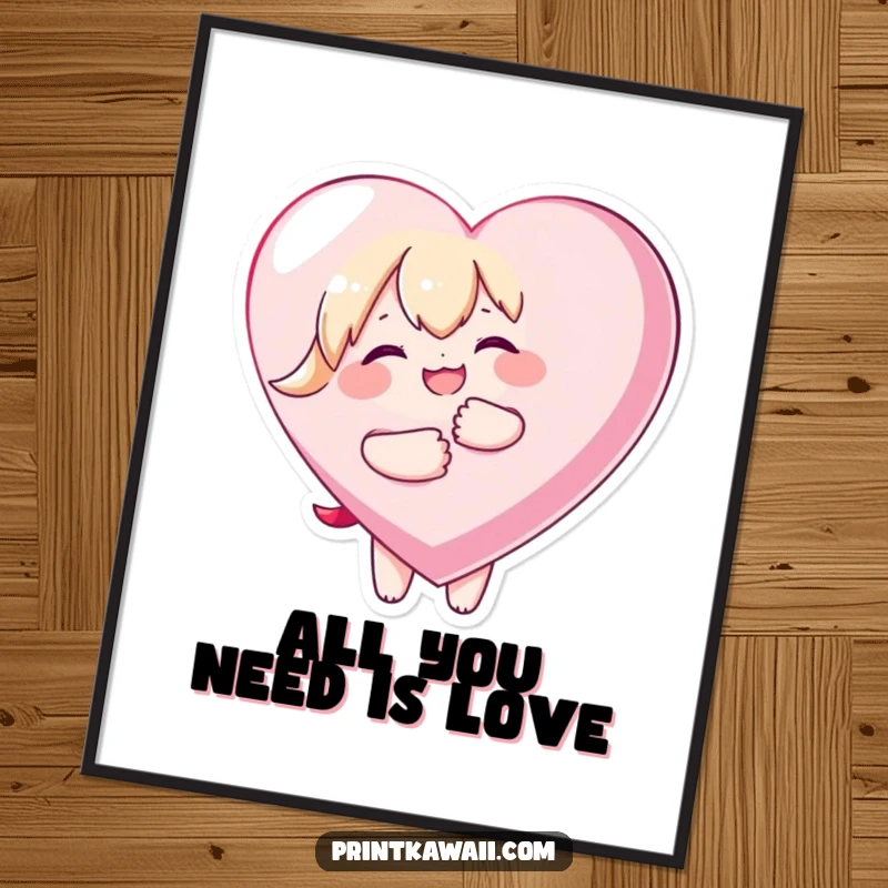 Free Printable Wall Art: Kawaii character joyfully embracing a giant heart, bringing warmth and love to your decor.