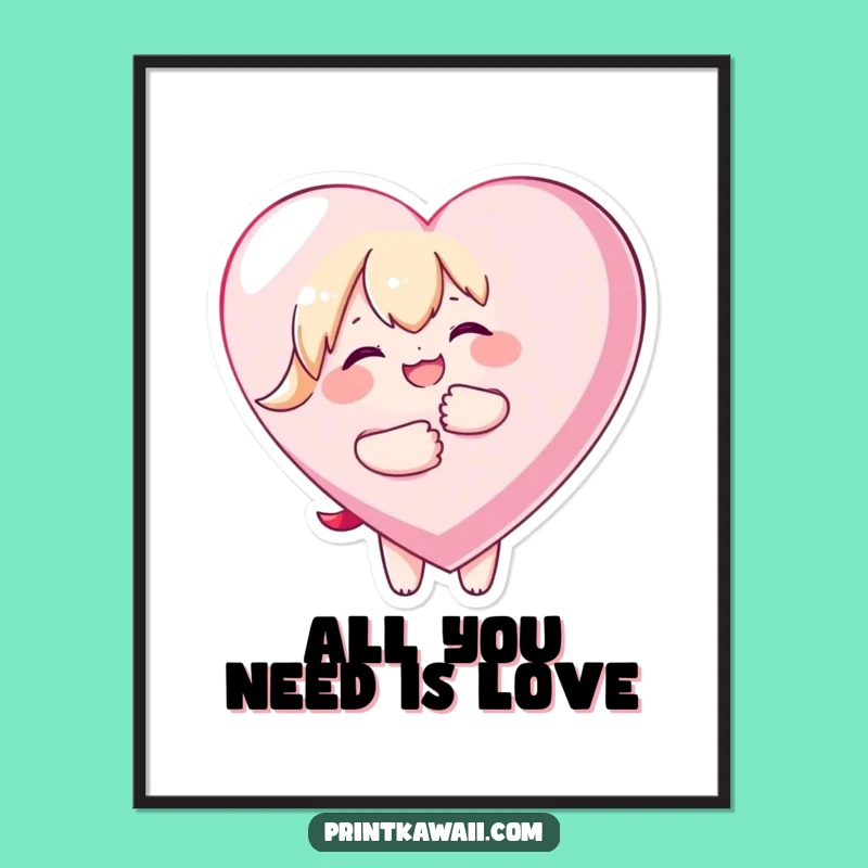 Free Printable Wall Art: Joyful Kawaii Heart Embrace - Sweet Decor