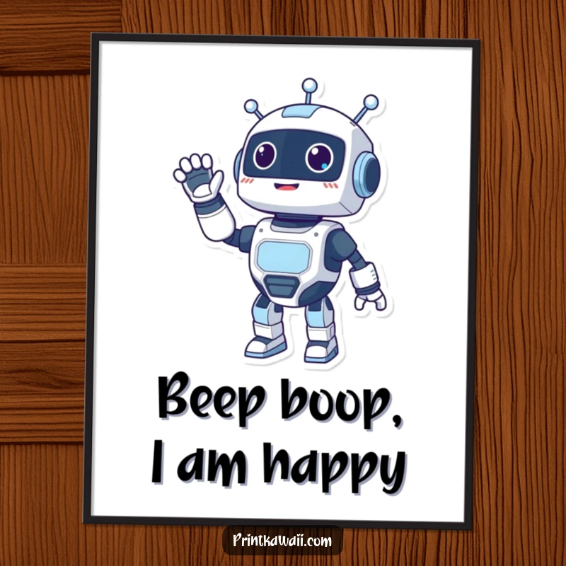 Funny Free Printable Wall Art of a happy robot character waving its arms energetically in a friendly manner.