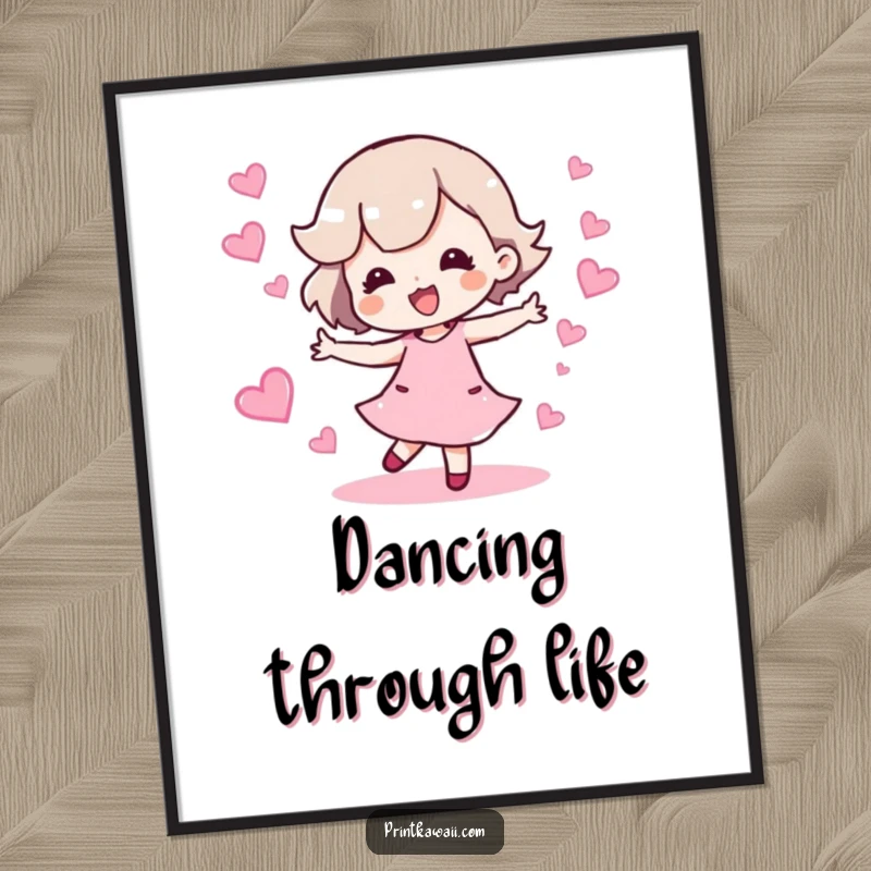 Funny Free Printable Wall Art: A character in a joyful dance, trailing sparkling hearts, creating a romantic and happy vibe.