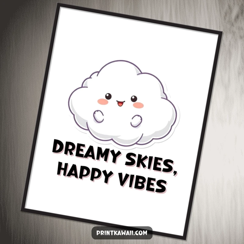 Funny free printable wall art of a cute, fluffy cloud character drifting playfully in the sky, bringing a sense of whimsy and calm.
