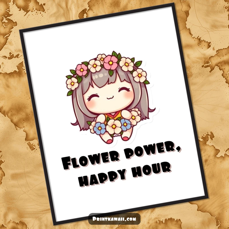 Enchanting free printable wall art featuring a cute kawaii character wearing a sweet flower garland, radiating natural beauty.