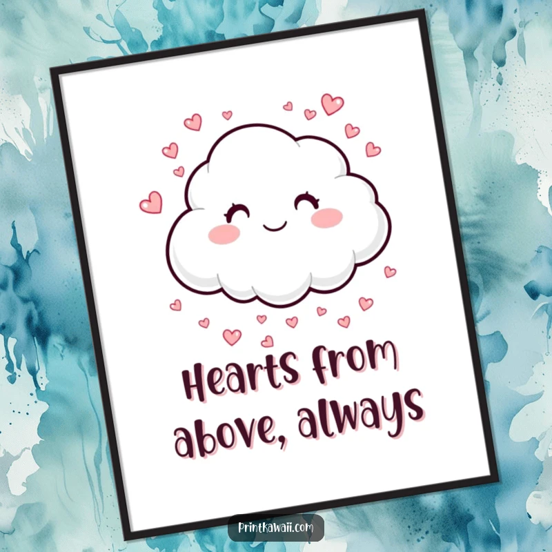 Free Printable Wall Art: A sweet smiling cloud character showering down tiny, cute hearts.