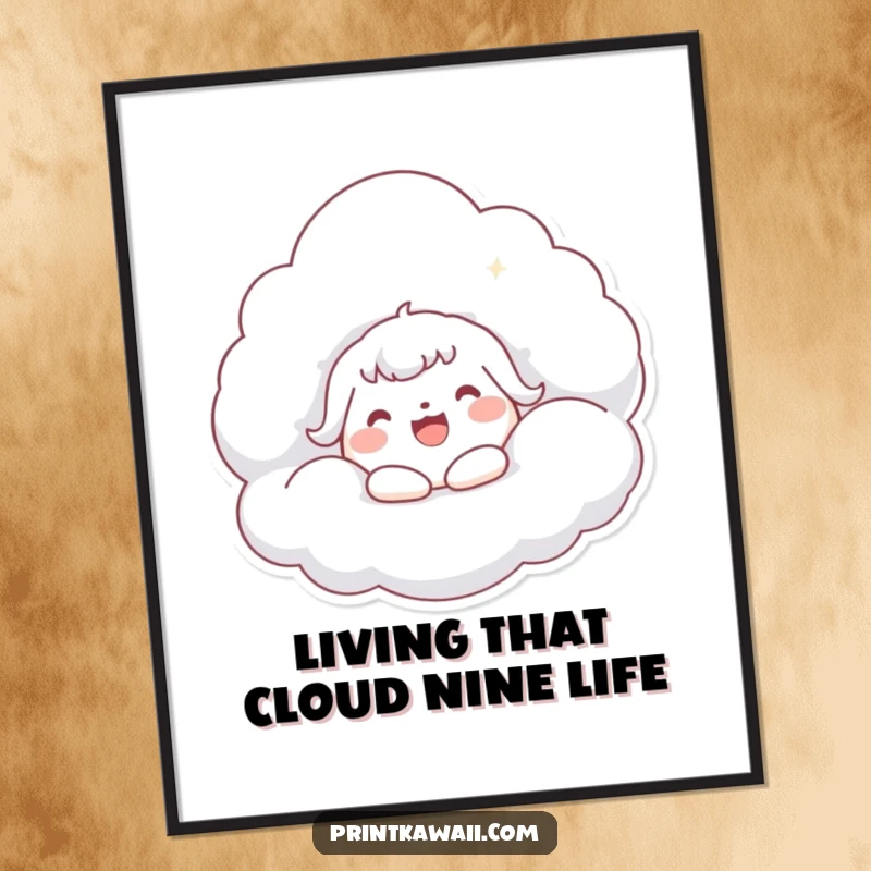 Funny Free Printable Wall Art: Cute kawaii character joyfully hugging a giant fluffy cloud, creating a serene and happy atmosphere.