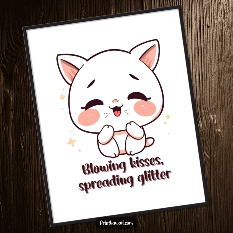 Funny Free Printable Wall Art: Cute kawaii character giggling while blowing glittery kisses, creating a joyful and sparkly atmosphere.
