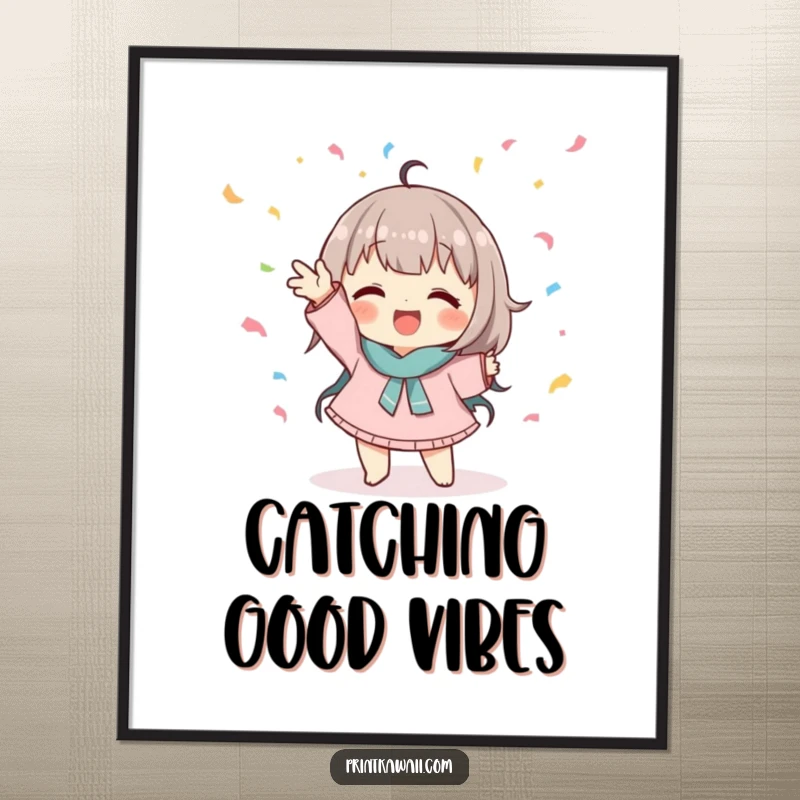 Funny Free Printable Wall Art: A cute character striking a playful pose, catching a shower of falling confetti, full of glee.