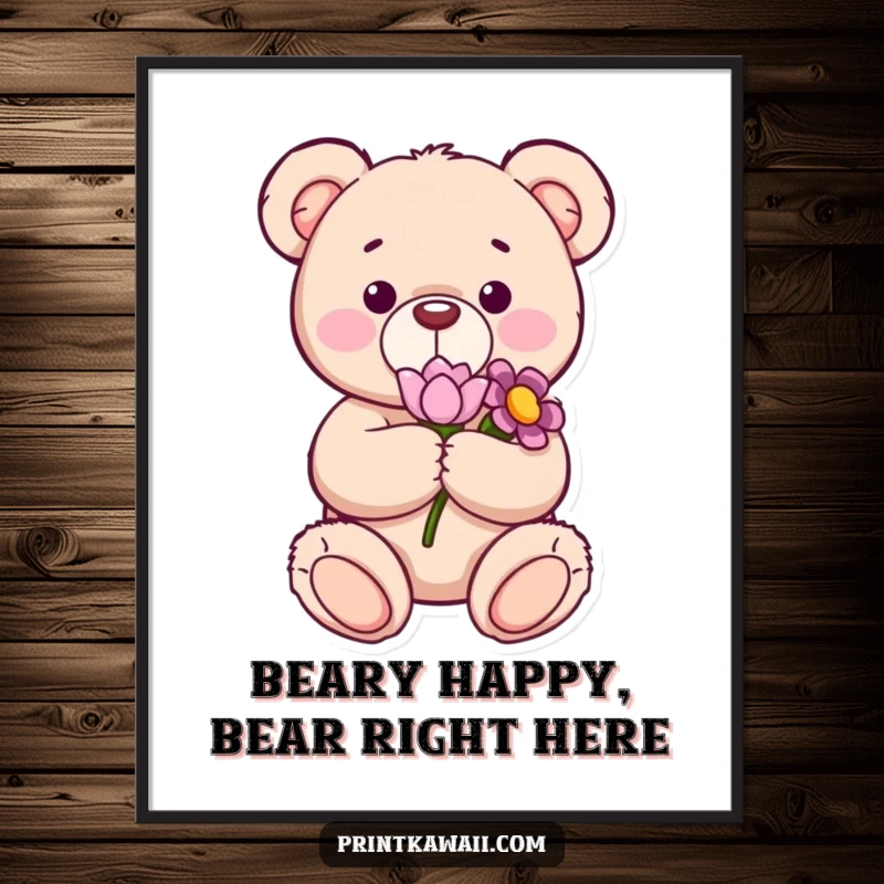 Funny Free Printable Wall Art: Content teddy bear holding a delicate flower, radiating warmth and gentle happiness.