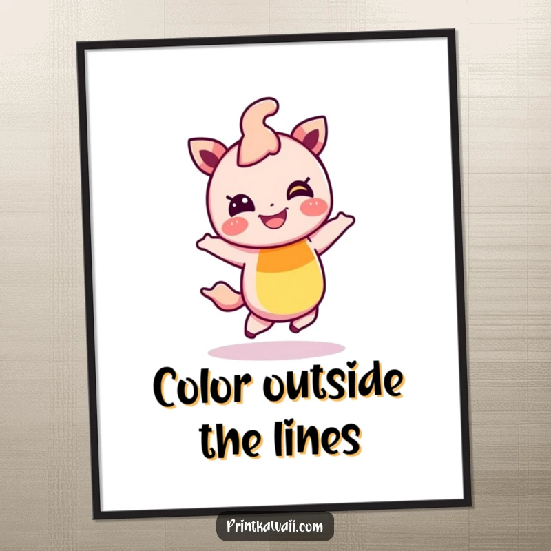 Funny Free Printable Wall Art: Giggling rainbow character caught mid-hop, bringing vibrant, cheerful energy to any room.