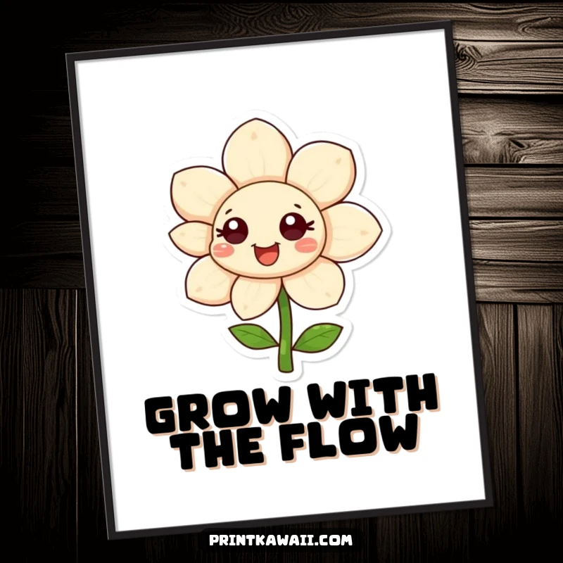 Funny free printable wall art of a happy flower character with its petals wide open and unfurling, radiating positive energy and joy.