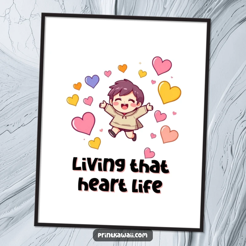 Funny Free Printable Wall Art: Delighted character leaping amongst floating colorful hearts, joyful and whimsical downloadable decor.