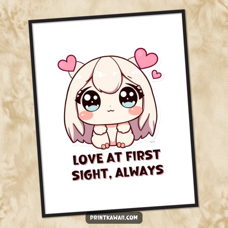 Funny Free Printable Wall Art: Cute character with wide, sparkling eyes, looking at hearts, bringing love and cheer to decor.