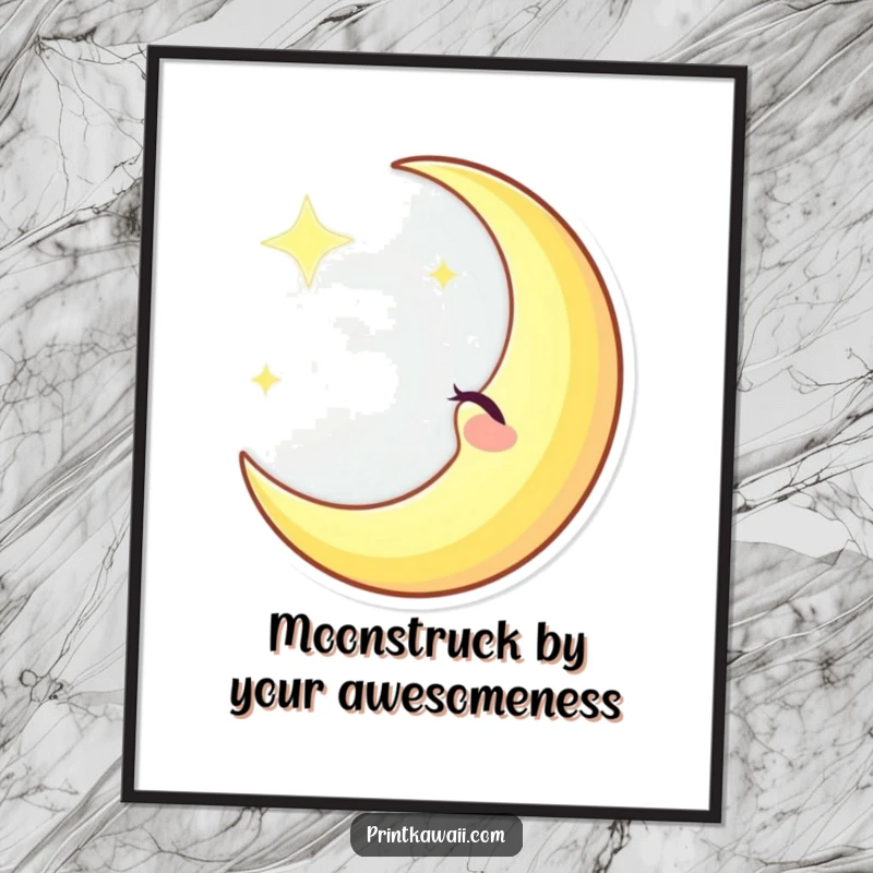 Funny free printable wall art of a winking crescent moon character casting a cheerful and gentle glow, perfect for adding humor to any room.
