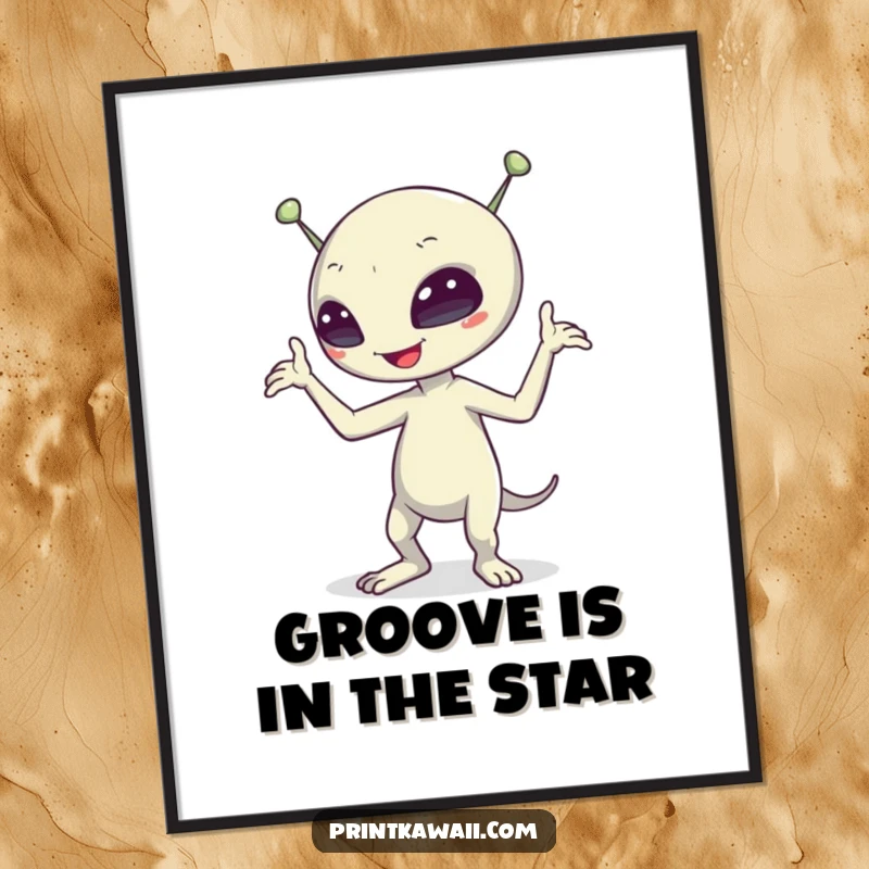 Funny Free Printable Wall Art: A cartoon alien character performing an energetic and comical dance move, radiating pure fun.