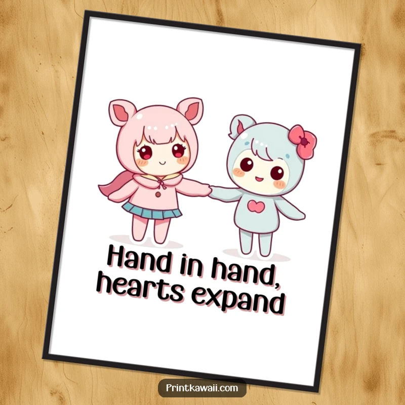 Charming free printable wall art featuring two adorable kawaii characters holding hands, celebrating connection and love.
