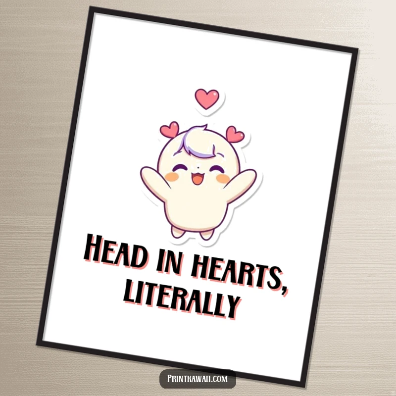 Funny Free Printable Wall Art: Cute character joyfully floating upwards with a heart overhead, whimsical and uplifting downloadable decor.