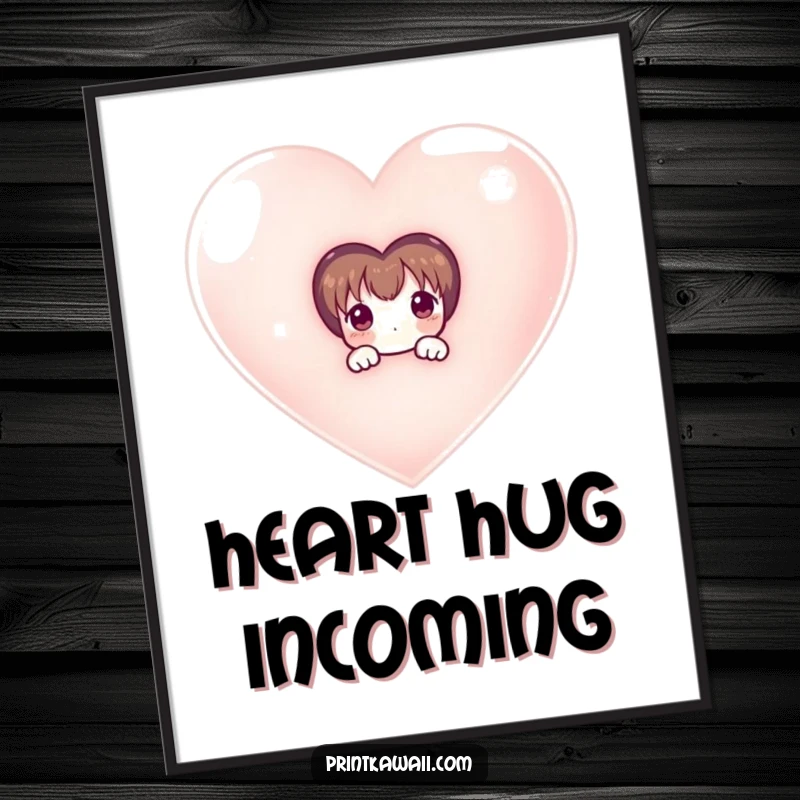 Funny Free Printable Wall Art: Shy character peeking from behind a colossal shimmering heart, whimsical and sweet downloadable decor.