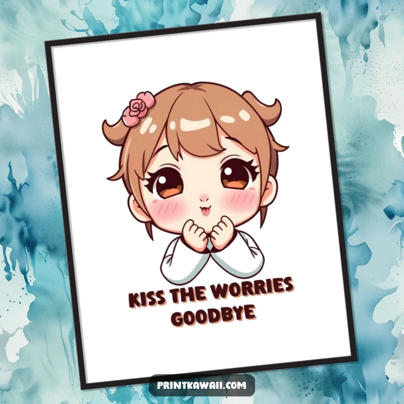 Free Printable Wall Art: Cute character with rosy cheeks blowing a kiss, adding a touch of sweet charm to decor.