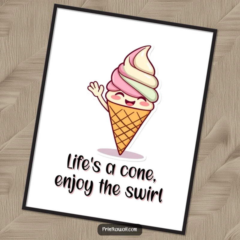 Funny Free Printable Ice Cream Cone Wall Art, a giggling cone waving, adding sweet humor, a fun downloadable decor.