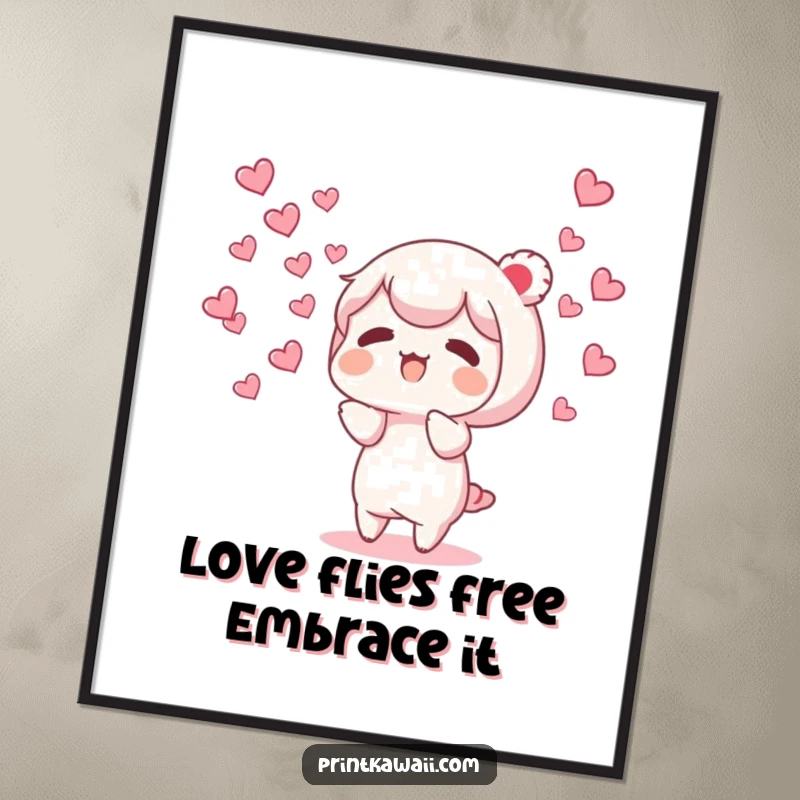 Funny Free Printable Wall Art: Character gently releases a beautiful flock of tiny, fluttering hearts, symbolizing love.