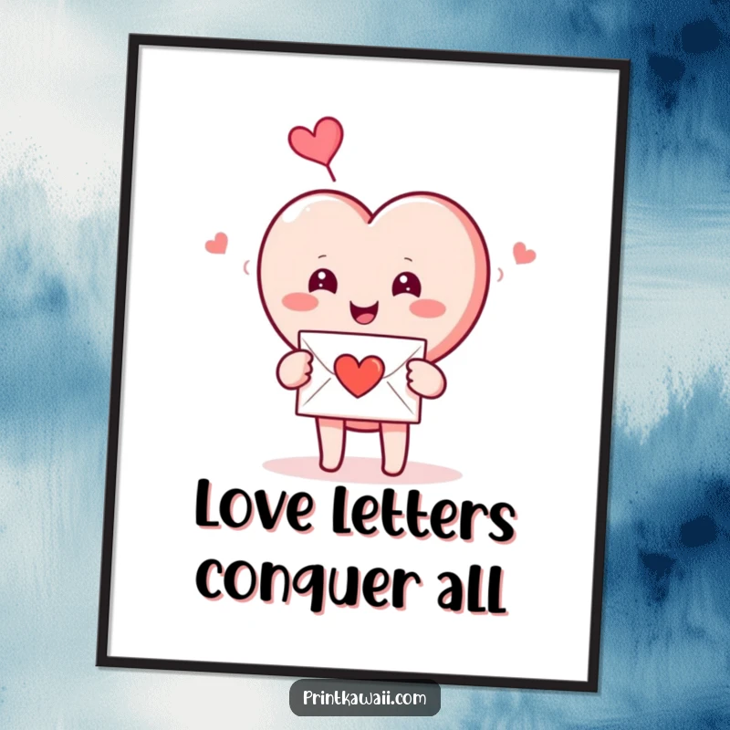 Funny Free Printable Wall Art showcasing a smiling heart character happily reading a love letter, full of charm and humor.