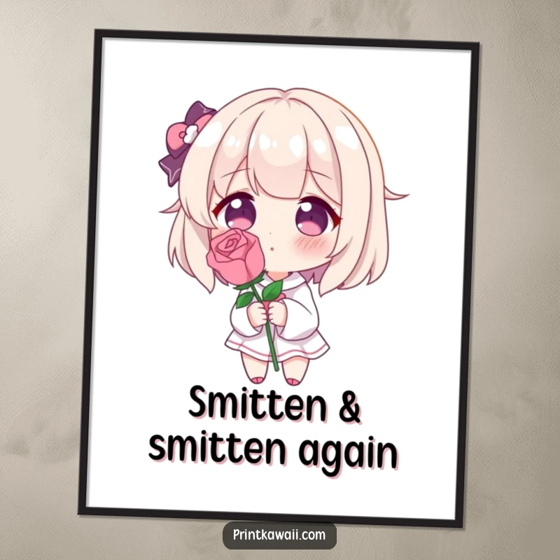 Funny Free Printable Wall Art: Shy blushing character holding a rose, creating charming and humorous downloadable decor.